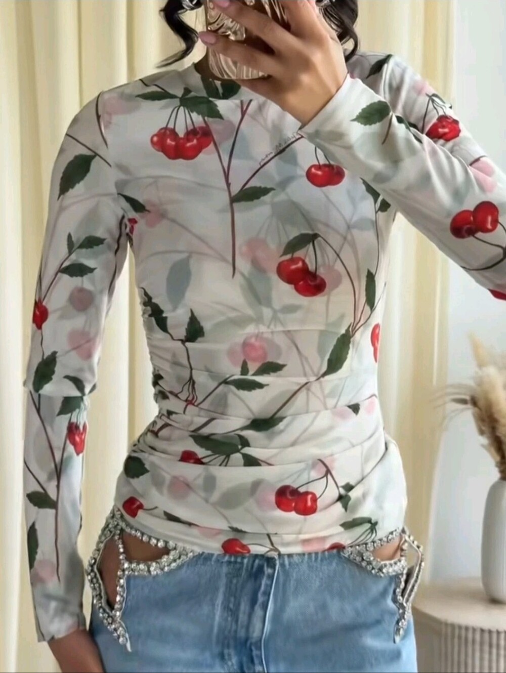 Stella McCartney x H&M Cherry Print Long-Sleeve Sheer Top - Cream/Red